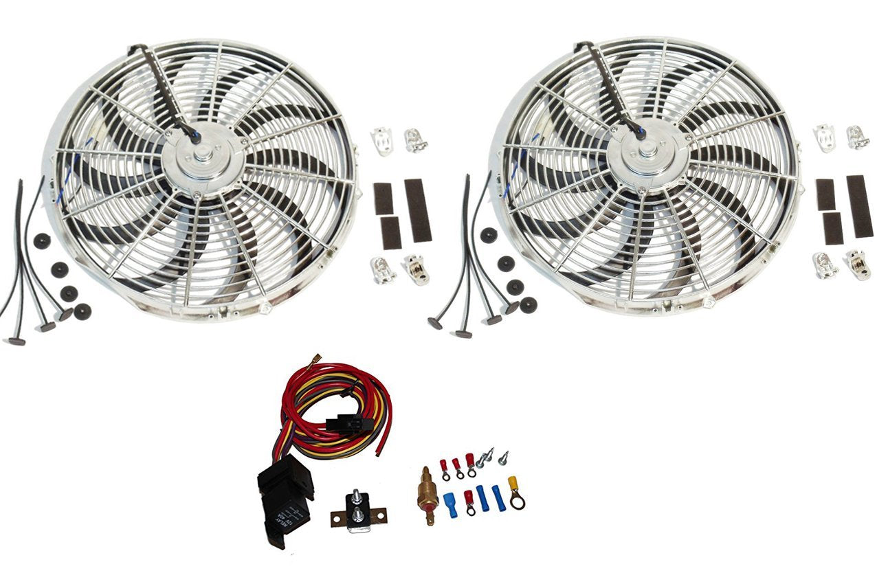 2 Sets New Chrome 16" Reversable Electric Radiator Cooling Fan 2500CFM with Heavy Duty Thermostat Kit