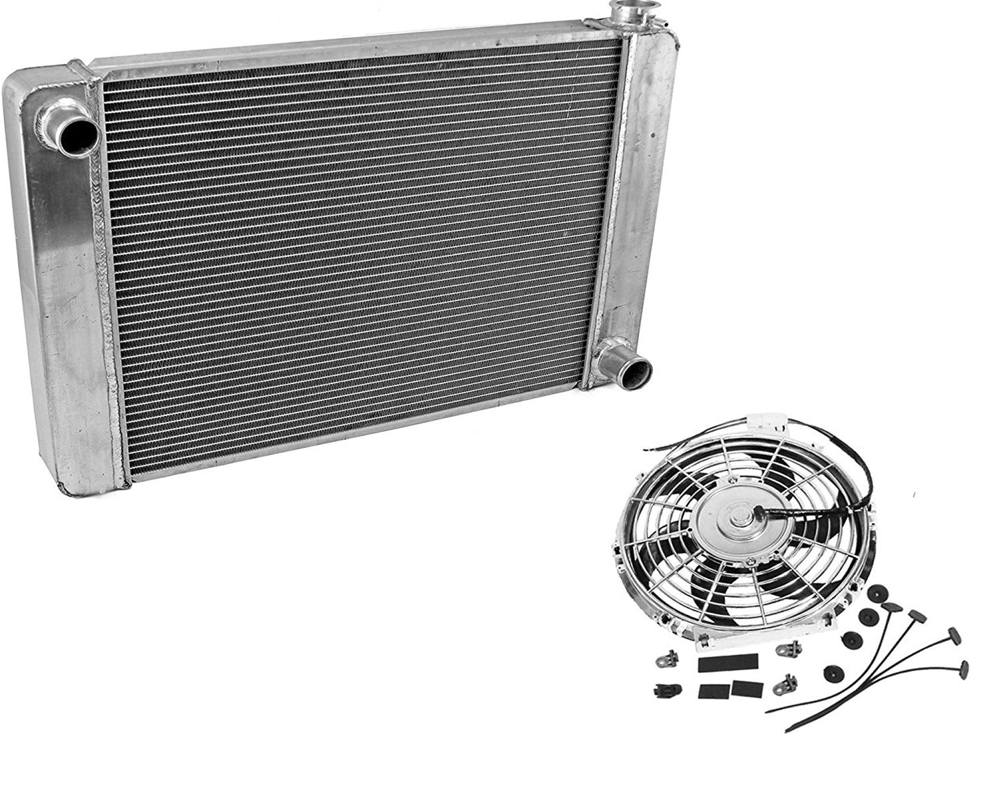 Fabricated Aluminum Radiator 30" x 19" x3" Overall For SBC BBC Chevy GM & 10" Chrome Electric Curved Blade Reversible radiator Cooling Fan