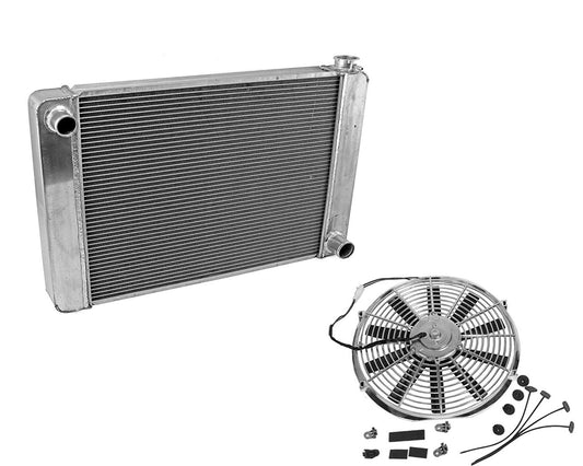 Fabricated Aluminum Radiator 30" x 19" x3" Overall For SBC BBC Chevy GM & 14" Chrome Straight Blade Reversible Cooling Fan