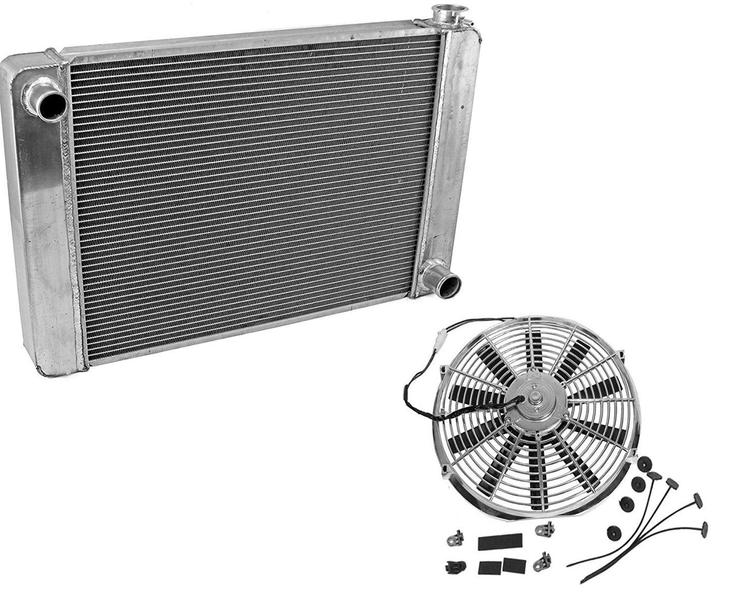 Fabricated Aluminum Radiator 30" x 19" x3" Overall For SBC BBC Chevy GM & 16" Chrome Straight Blade Reversible Cooling radiator Fan