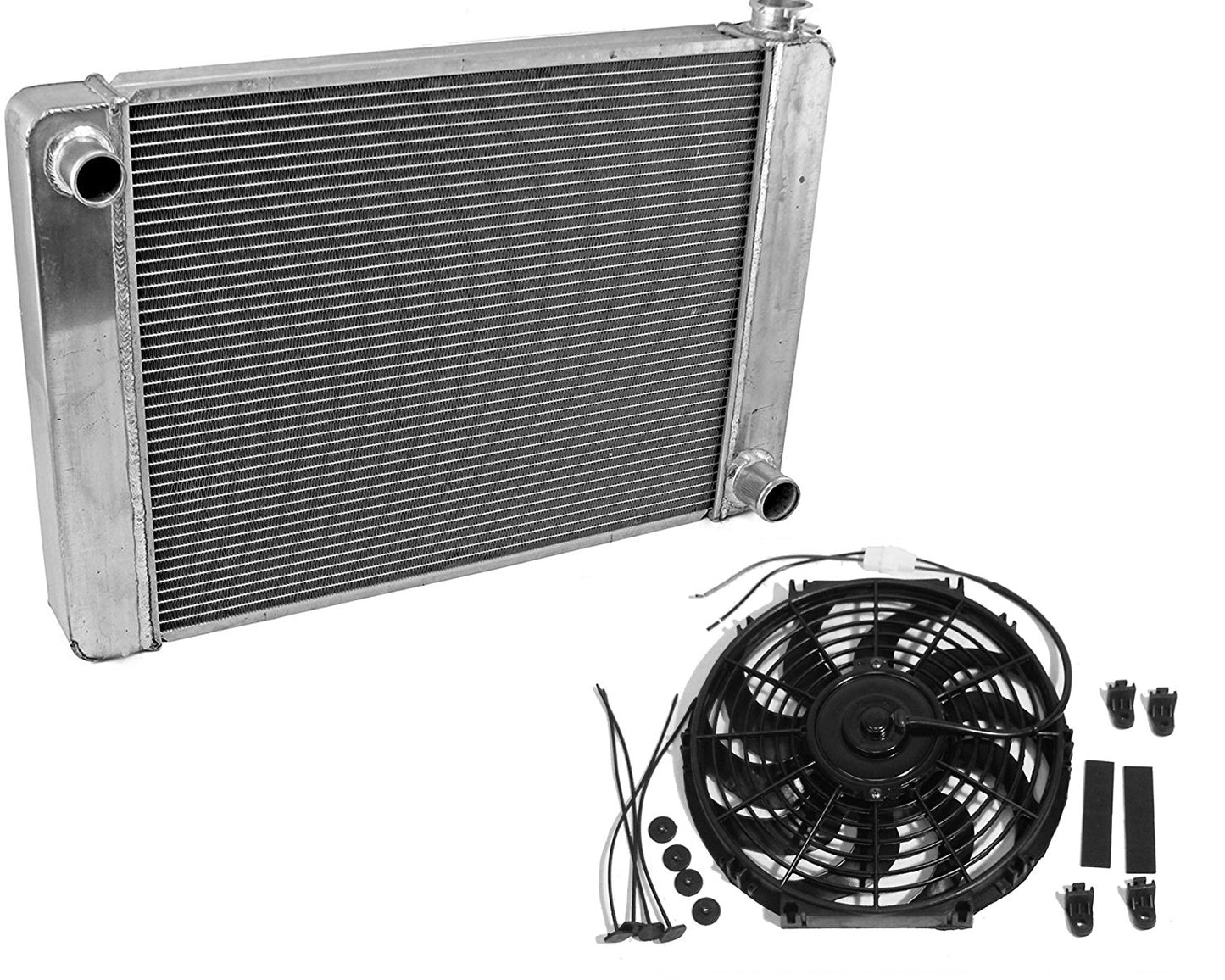 Fabricated Aluminum Radiator 30" x 19" x3" Overall For SBC BBC Chevy GM & 12" Electric Curved Blade Reversible Cooling Fan