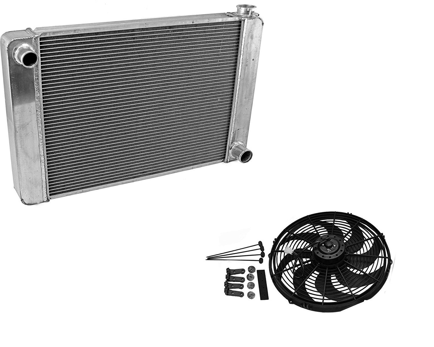 For SBC BBC Chevy GM Fabricated Aluminum Radiator 22" x 19" x3" & 14" Electric Wide Curved Blade Fan