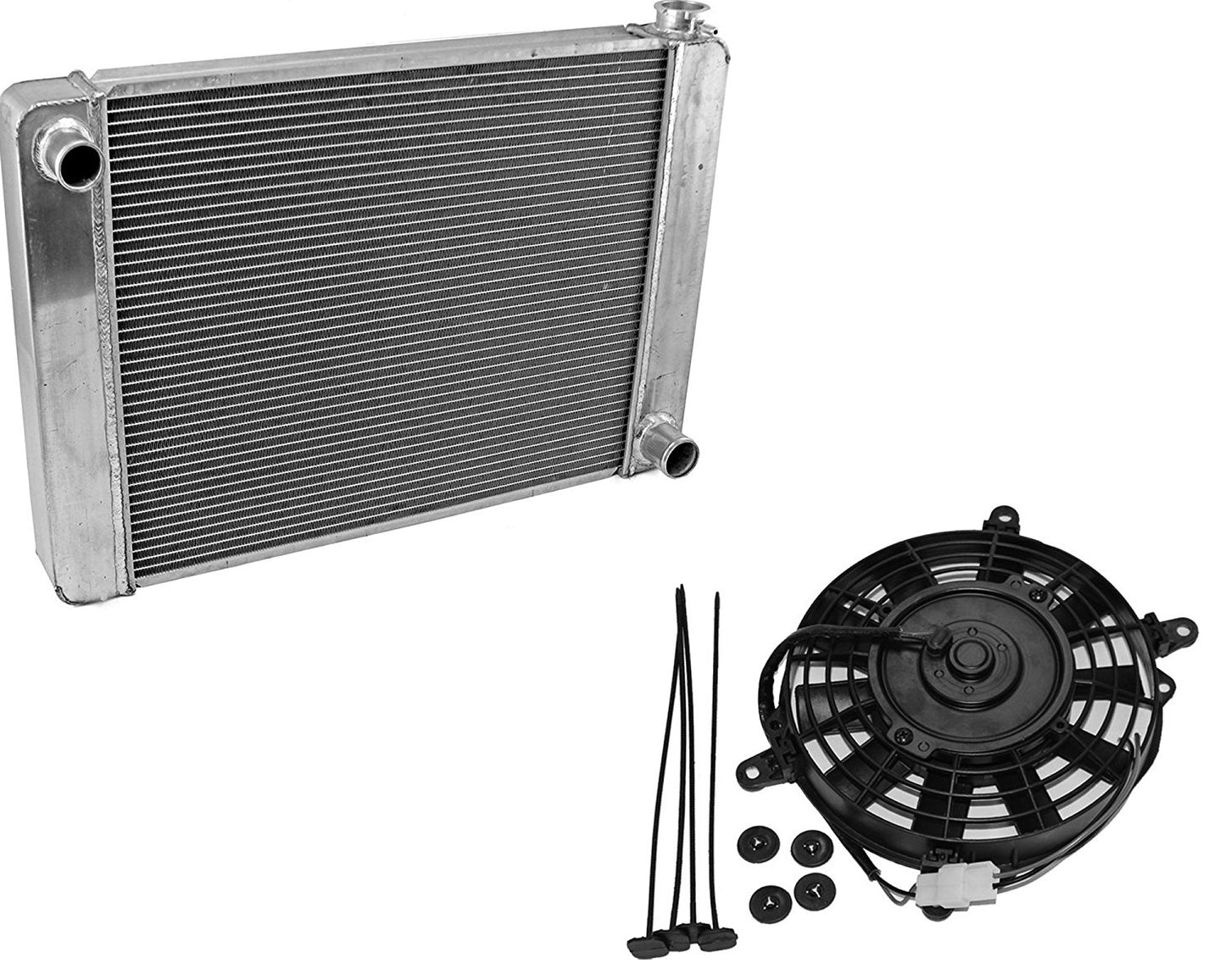 For SBC BBC Chevy GM Fabricated Aluminum Radiator 21" x 19" x3"&8" Heavy Duty Staight Blade Electric Cooling Fan