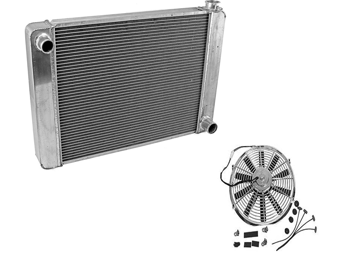 Fabricated Aluminum Radiator 30" x 19" x3" Overall For SBC BBC Chevy GM & Electric Chrome 10" straight blade cooling radiator fan