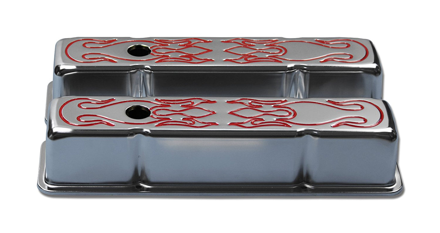 58-86 SBC Chevy 350 Chrome Tall Flame Steel Valve Covers Small Block 283 305 327