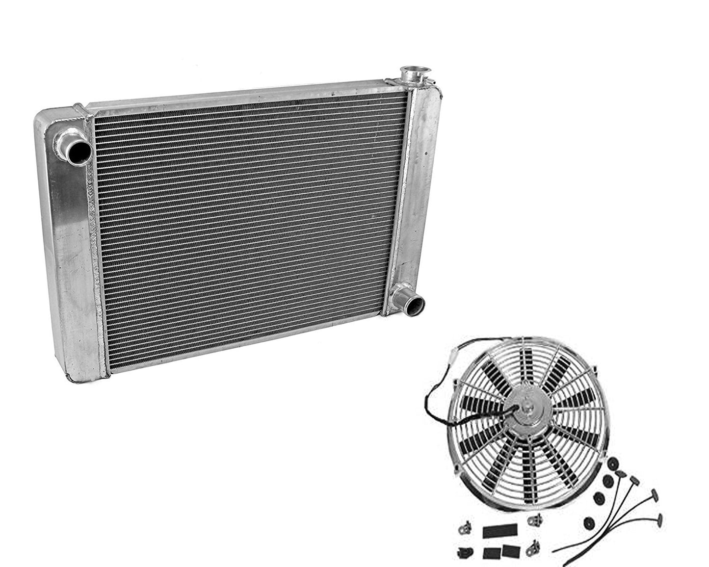 Fabricated Aluminum Radiator 30" x 19" x3" Overall For SBC BBC Chevy GM & 12" Chrome Straight Blade Reversible Cooling Fan