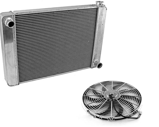 For SBC BBC Chevy GM Fabricated Aluminum Radiator 22" x 19" x3" Overall & Chrome 14" Curved Blade Reversible Cooling Fan