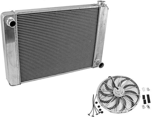 For SBC BBC Chevy GM Fabricated Aluminum Radiator 22" x 19" x3" Overall & 12" Chrome Electric Curved Blade Cooling Fan w/ Mounting Kit