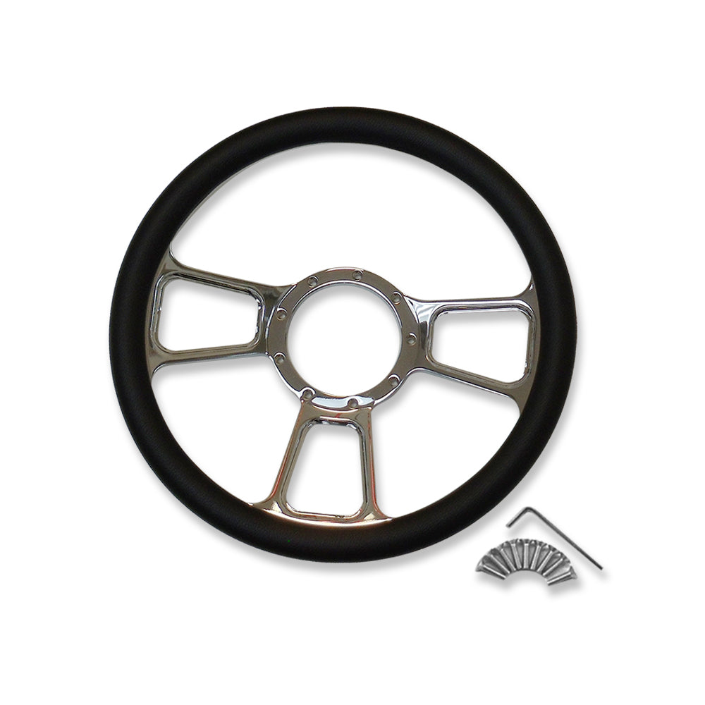 14" Billet Steering Wheel & Flamed Horn Button & 9 Hole Adapter Chrome Aluminum