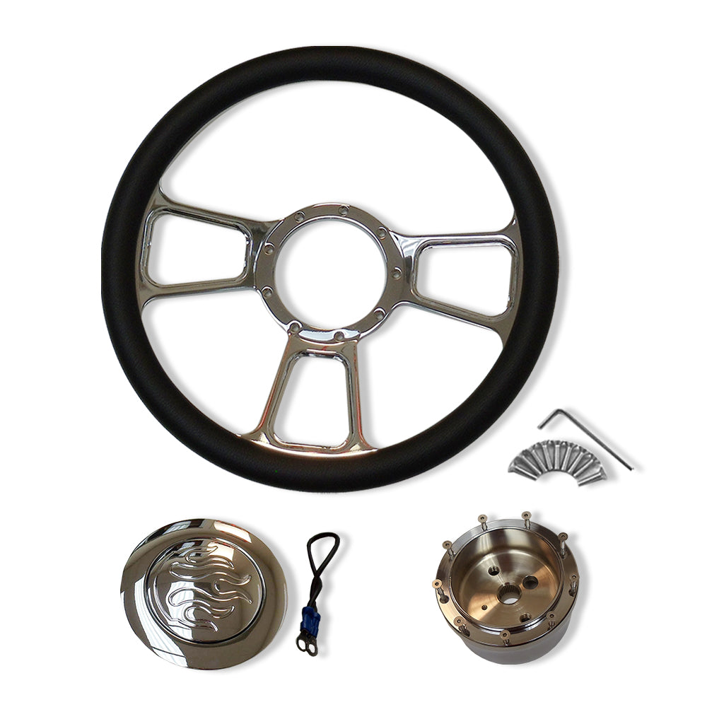 14" Chrome Split Tri Spoke Style Steering Wheel&Manual Steering Column 28" GM No Key&Horn Button