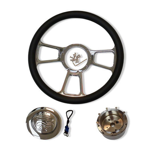 14" Billet Steering Wheel & Flamed Horn Button & 9 Hole Adapter Chrome Aluminum