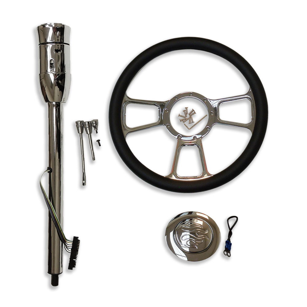 14" Chrome Split Tri Spoke Style Steering Wheel&Manual Steering Column 28" GM No Key&Horn Button