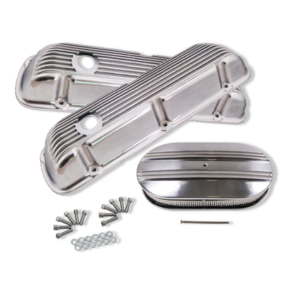 Finned Polished Aluminum Short Valve Covers for SBF 289 302 351W & 15" Air Cleaner Kit