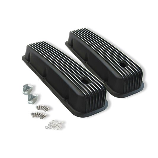 For 65-95 BBC Chevy 396 454 502 Tall Finned Aluminum Valve Covers Black