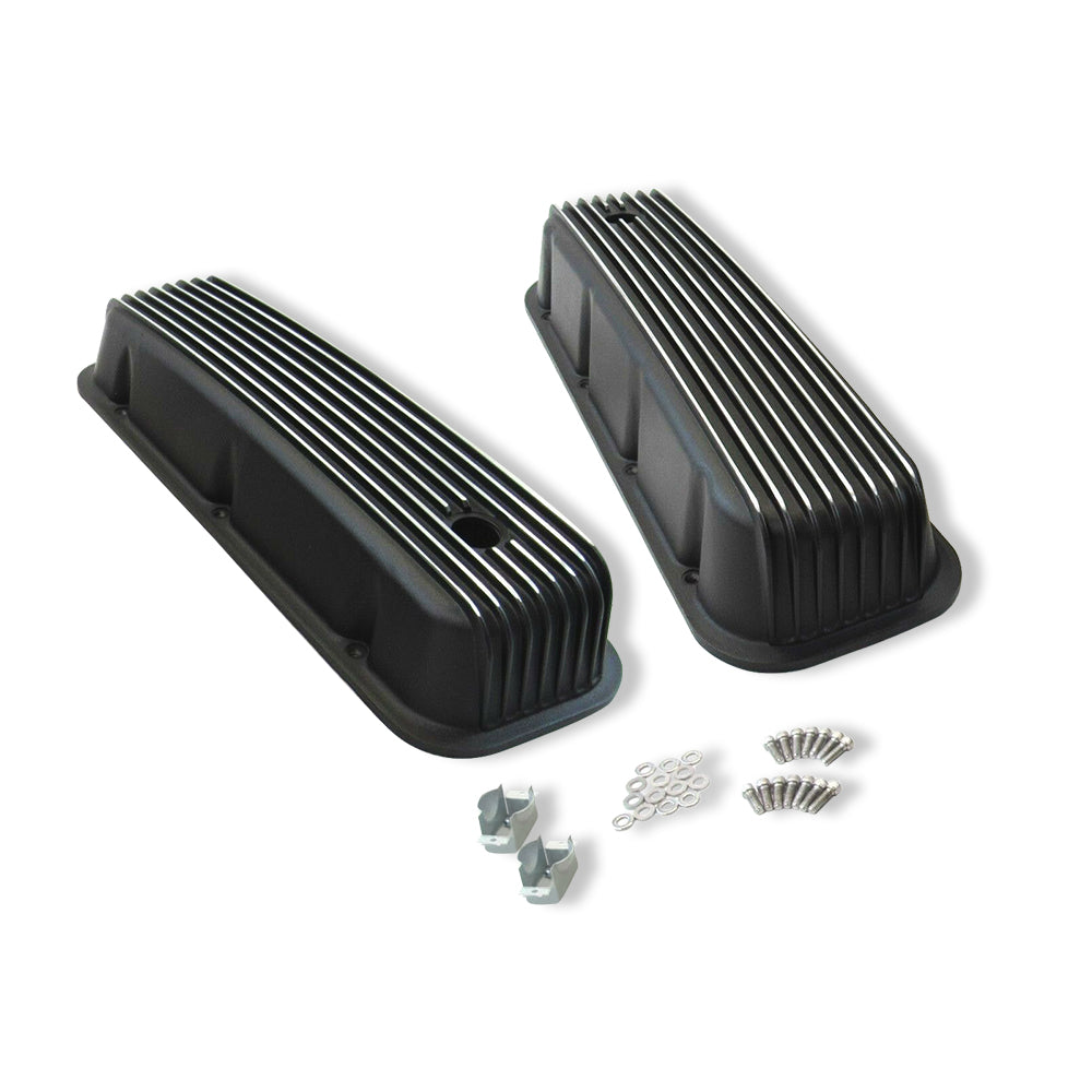 For 65-95 BBC Chevy 396 454 502 Tall Finned Aluminum Valve Covers Black