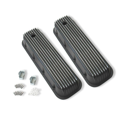 For 65-95 BBC Chevy 396 454 502 Tall Finned Aluminum Valve Covers Black