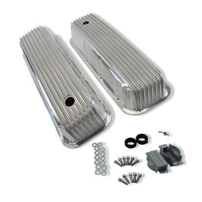Tall Finned Alum Valve Covers Polished for 1965-95 BBC Chevy 396-454-502