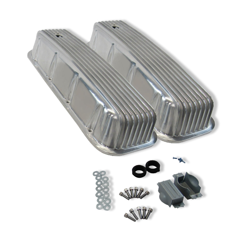 Tall Finned Alum Valve Covers Polished for 1965-95 BBC Chevy 396-454-502