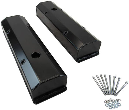 Fabricated Tall Alum Valve Cover for 1958-87 SBC Flat Top Long Bolts w/Holes Black Anodized