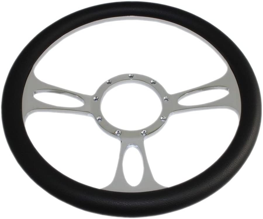 14" Chrome Billet Aluminum (9 Hole) Steering Wheel w/Half Wrap Black Leather