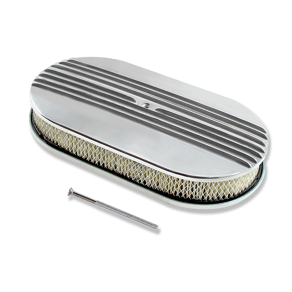 12 Polished Aluminum Center Finned Oval Air Cleaner Kit with Flat Base