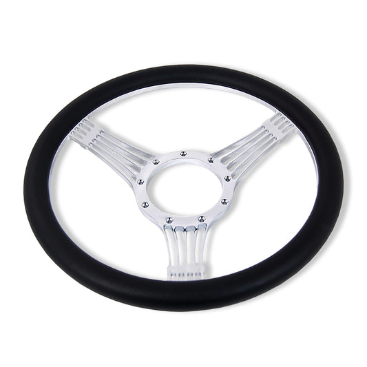 14" Billet Chrome Banjo Style Steering Wheel With Half Wrap Black Leather