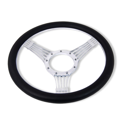 14" Billet Aluminum Steering Wheel+9 Hole Adapter+Smooth Horn Button Chrome GM