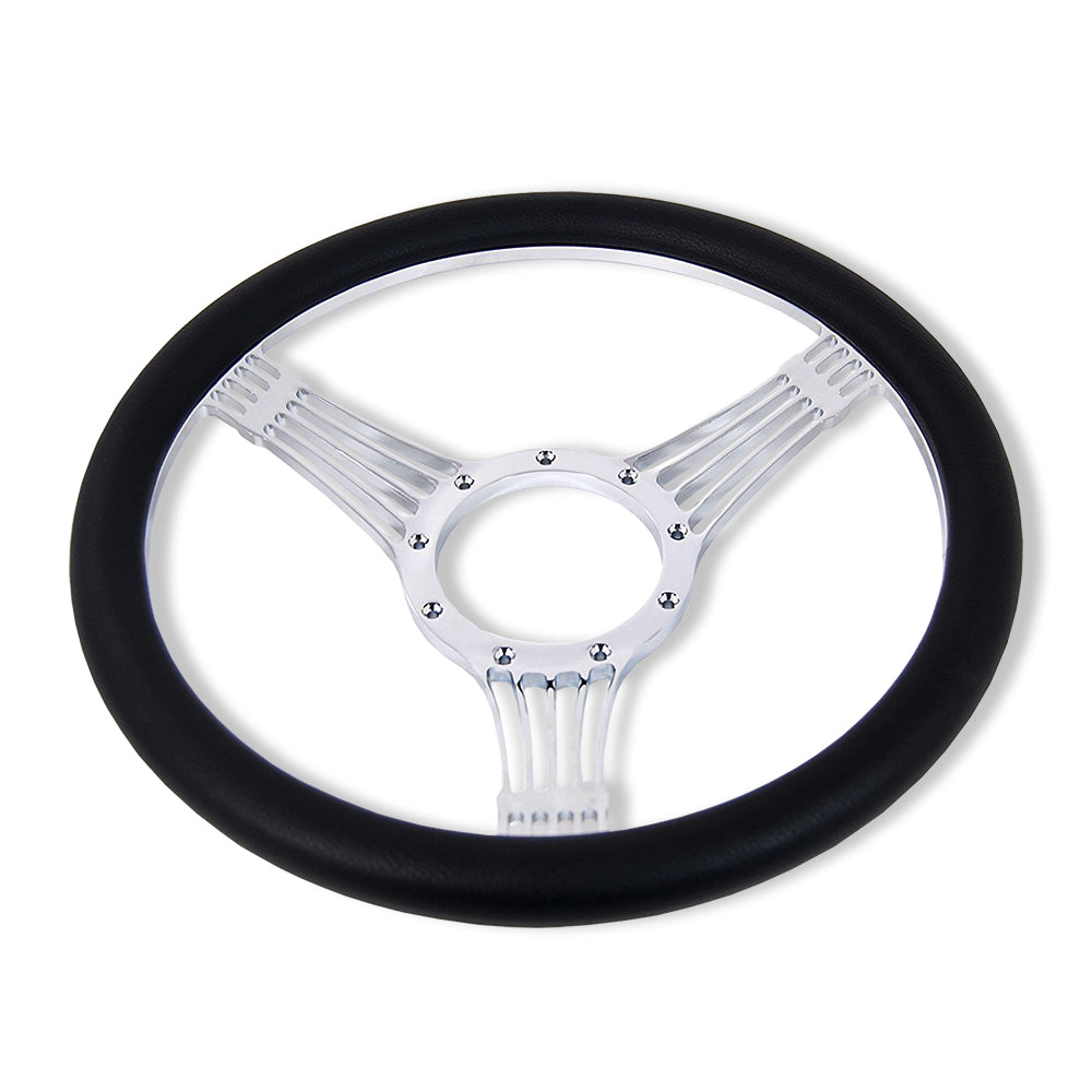 14" Billet Chrome Banjo Style Steering Wheel With Half Wrap & Smooth Horm Button
