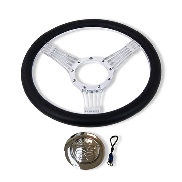 14" Chrome Banjo Style Billet Steering Wheel w/ Half Wrap & Flamed Horm Button