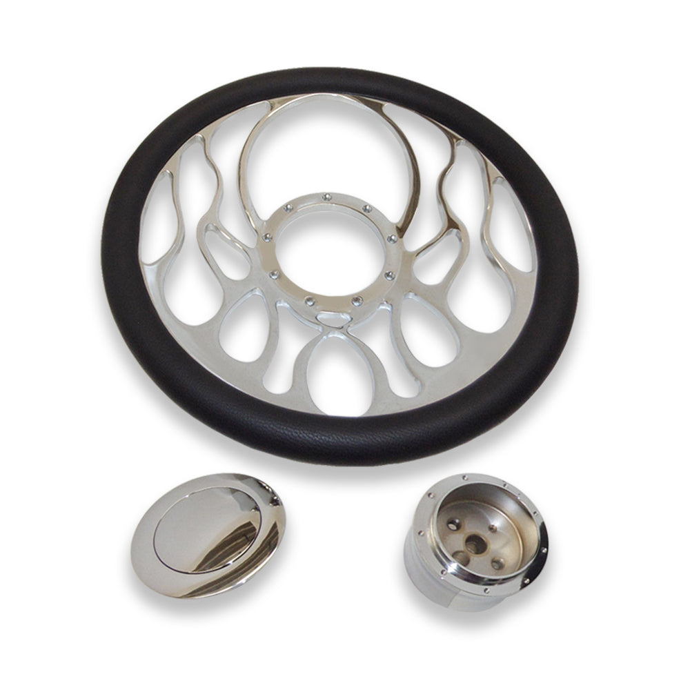 GM 30" Chrome Manual Steering Column & Flamed Steering Wheel & Horn Button