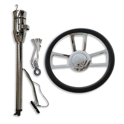 Chrome 30" Auto Steering Column & 14" Billet Steering Wheel & Flame Horn Button