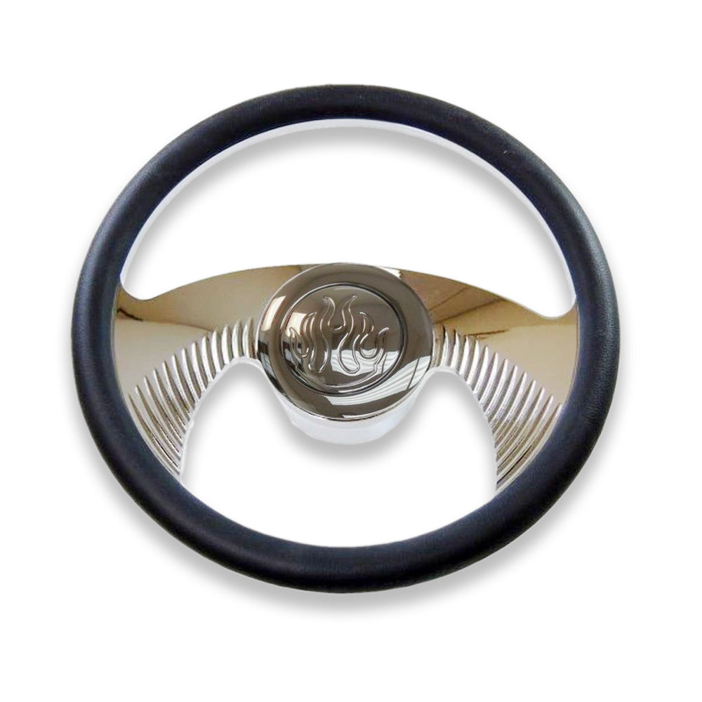 14" Chrome Billet Alumin Wing Style Steering Wheel w/ Adapter &Flame Horn Button