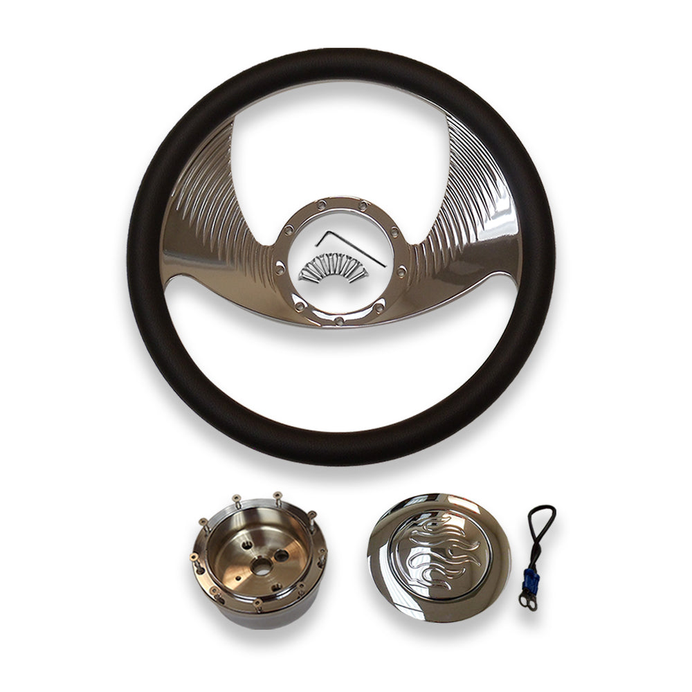 14" Chrome Billet Alumin Wing Style Steering Wheel w/ Adapter &Flame Horn Button