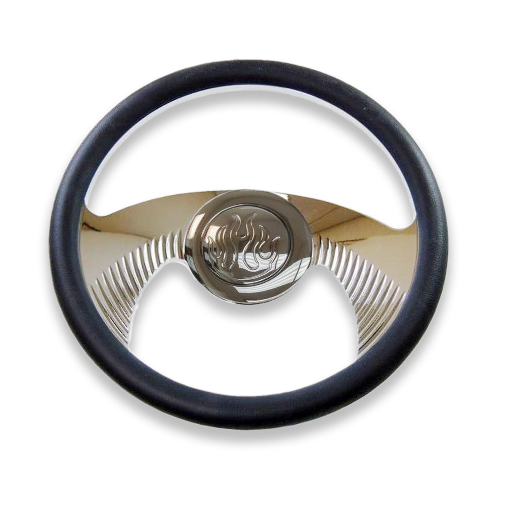 14" Chrome Billet Alumin Wing Style Steering Wheel with Flame Horn Button