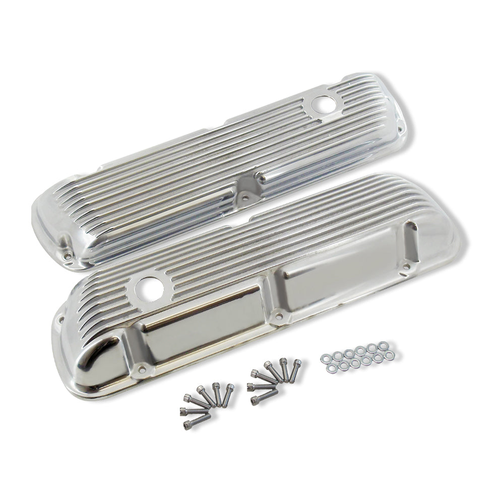 Finned Polished Aluminum Short Valve Covers for SBF 289 302 351W with 12" Half Finned Air Cleaner and Breather