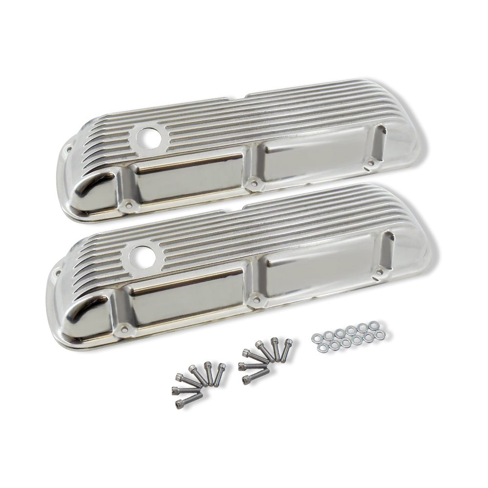 Finned Polished Aluminum Short Valve Covers for SBF 289 302 351W with 12" x 2" Full Finned Air Cleaner and Breather Caps