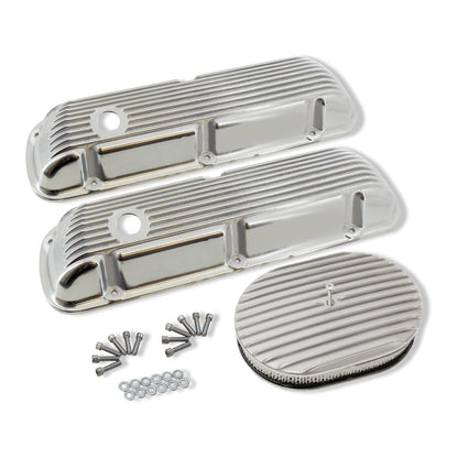 Finned Polished Aluminum Short Valve Covers for SBF 289 302 351W & 12" Oval Full Finned Air Cleaner Dress Up Kit
