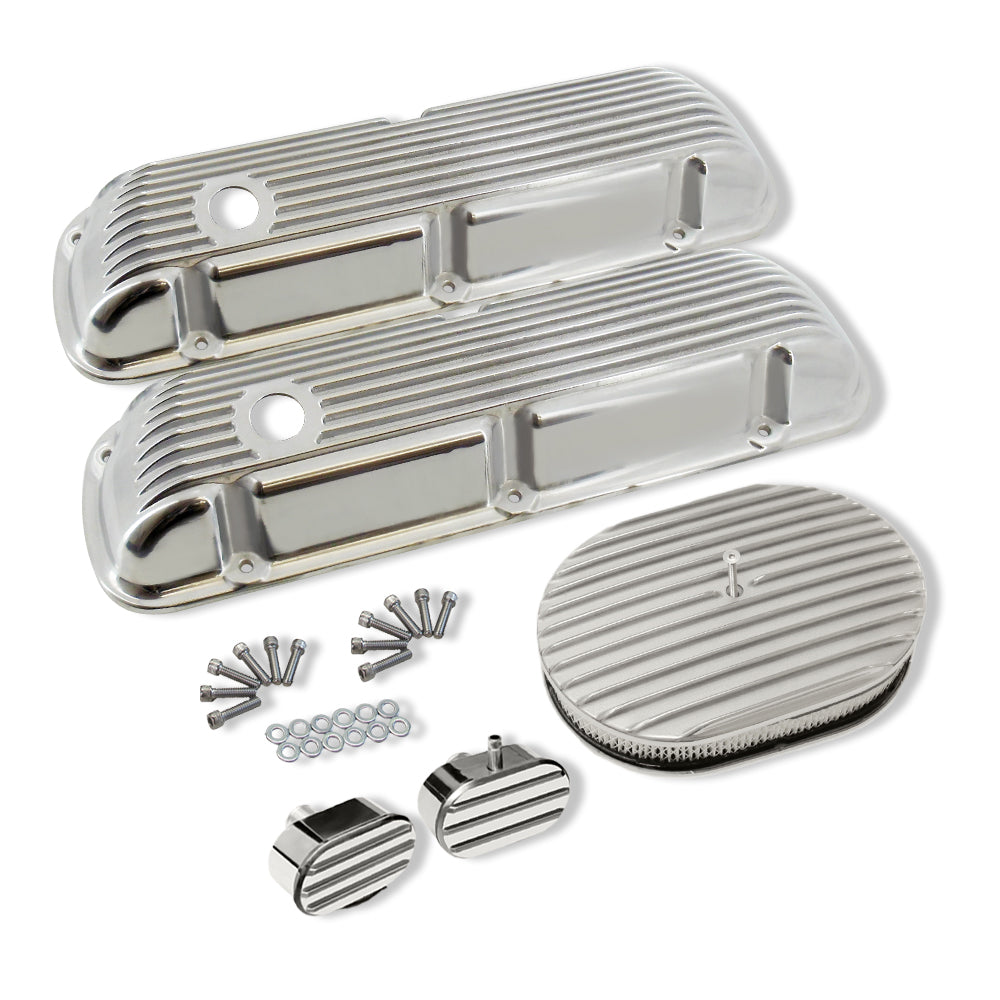 Finned Polished Aluminum Short Valve Covers for SBF 289 302 351W with 12" x 2" Full Finned Air Cleaner and Breather Caps