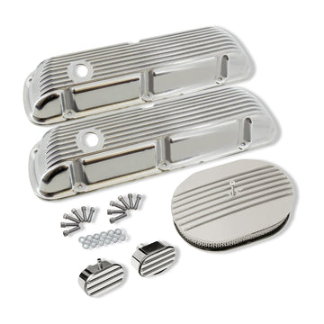 Finned Polished Aluminum Short Valve Covers for SBF 289 302 351W with 12" Half Finned Air Cleaner and Breather
