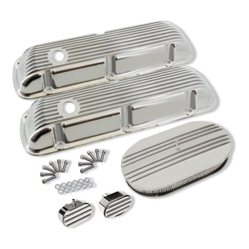 Finned Polished Aluminum Short Valve Covers for SBF 289 302 351W & 15" Air Cleaner Kit with Breathers