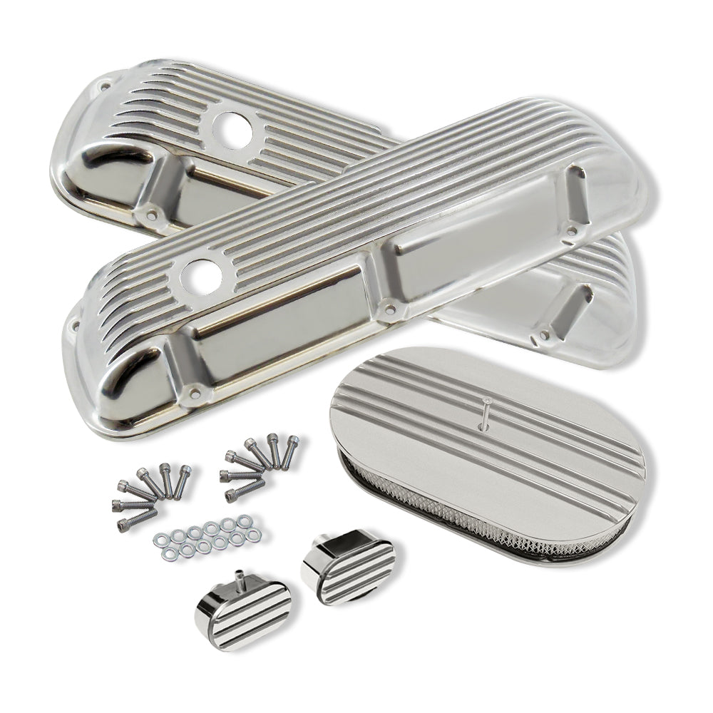 Finned Polished Aluminum Short Valve Covers for SBF 289 302 351W & 15" Air Cleaner Kit with Breathers