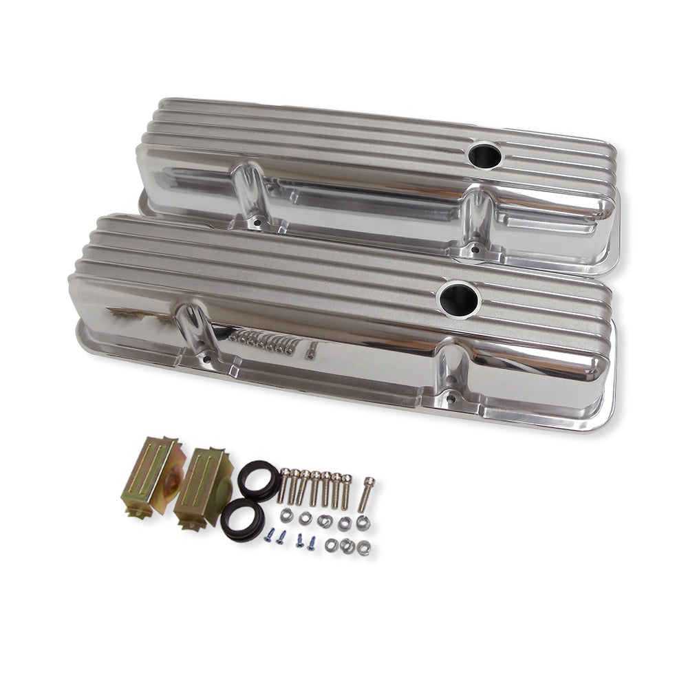 1958-86 Chevy Polished Aluminum Finned Tall Valve Covers & 15" Air Cleaner Kit SBC 350