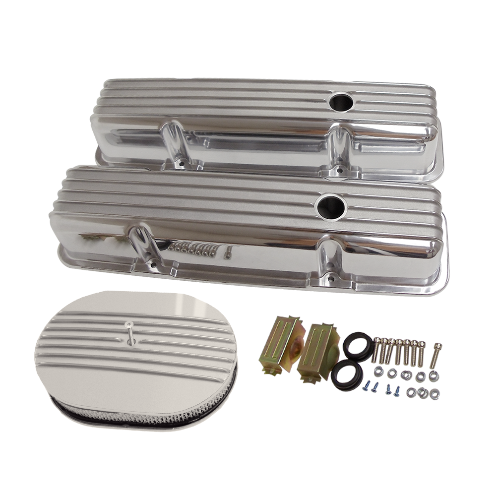 SBC Small Block Chevy Finned Tall Polished Aluminum Valve Covers W/ Holes 283 before 1986 & 12" X 2" Air Cleaner Kit