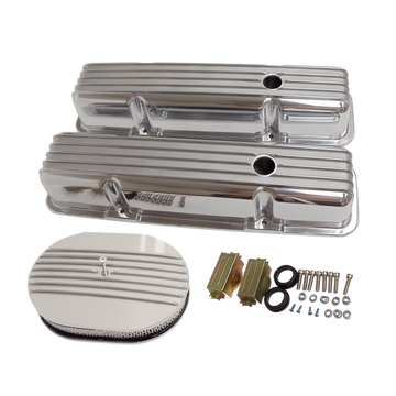 SBC Small Block Chevy Finned Tall Polished Aluminum Valve Covers W/ Holes 283 before 1986 & 12" X 2" Air Cleaner Kit