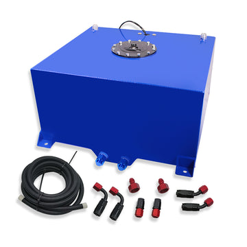 15 Gallon OEM Polished Aluminum Racing Drift Fuel Cell Gas Tank & Level Sender & Fuel Line Kit Blue