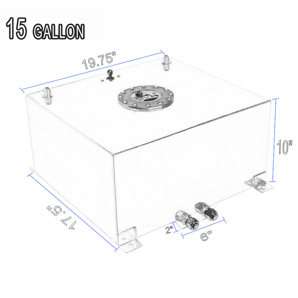 15 Gallon OEM Polished Aluminum Racing Drift Fuel Cell Gas Tank & Level Sender & Fuel Line Kit Blue