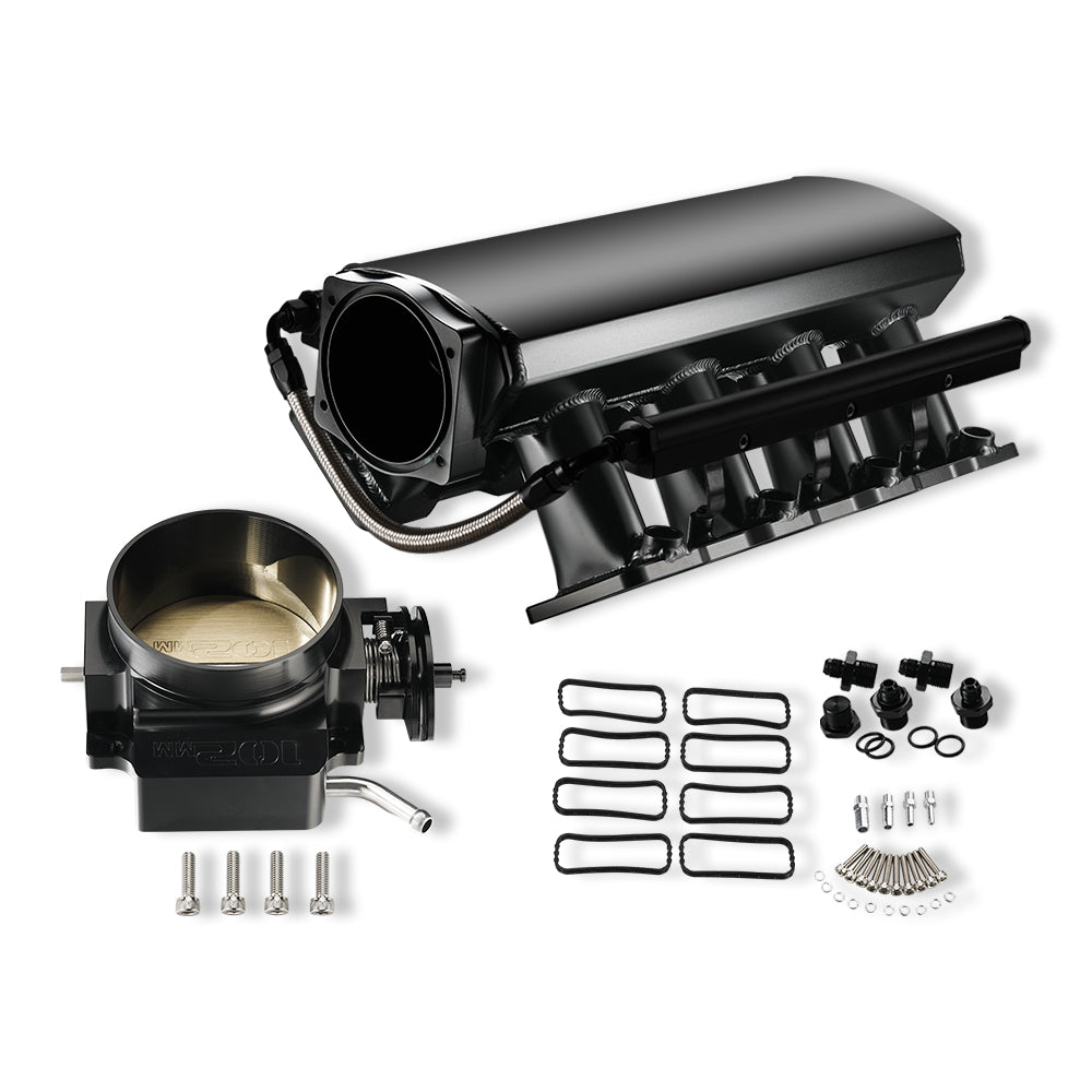 Fabricated Intake Manifold High Profile Throttle Body 102mm for Cathedral Port LS1/LS2/LS6 Heads Black with MAP Sensor Port Fuel Rails
