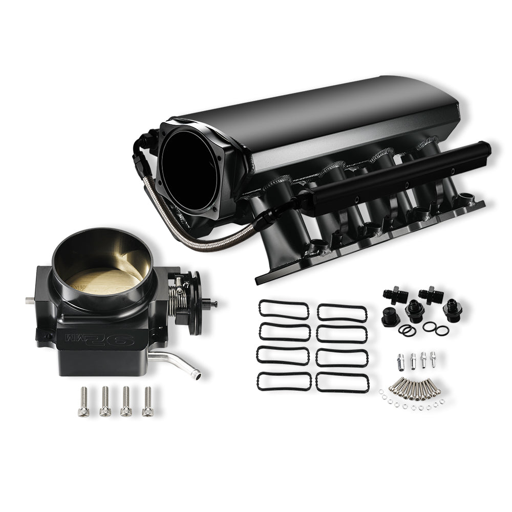 102mm Fabricated Intake Manifold High Profile Throttle Body 92mm for Cathedral Port LS1/LS2/LS6 Heads Black with MAP Sensor Port Fuel Rails