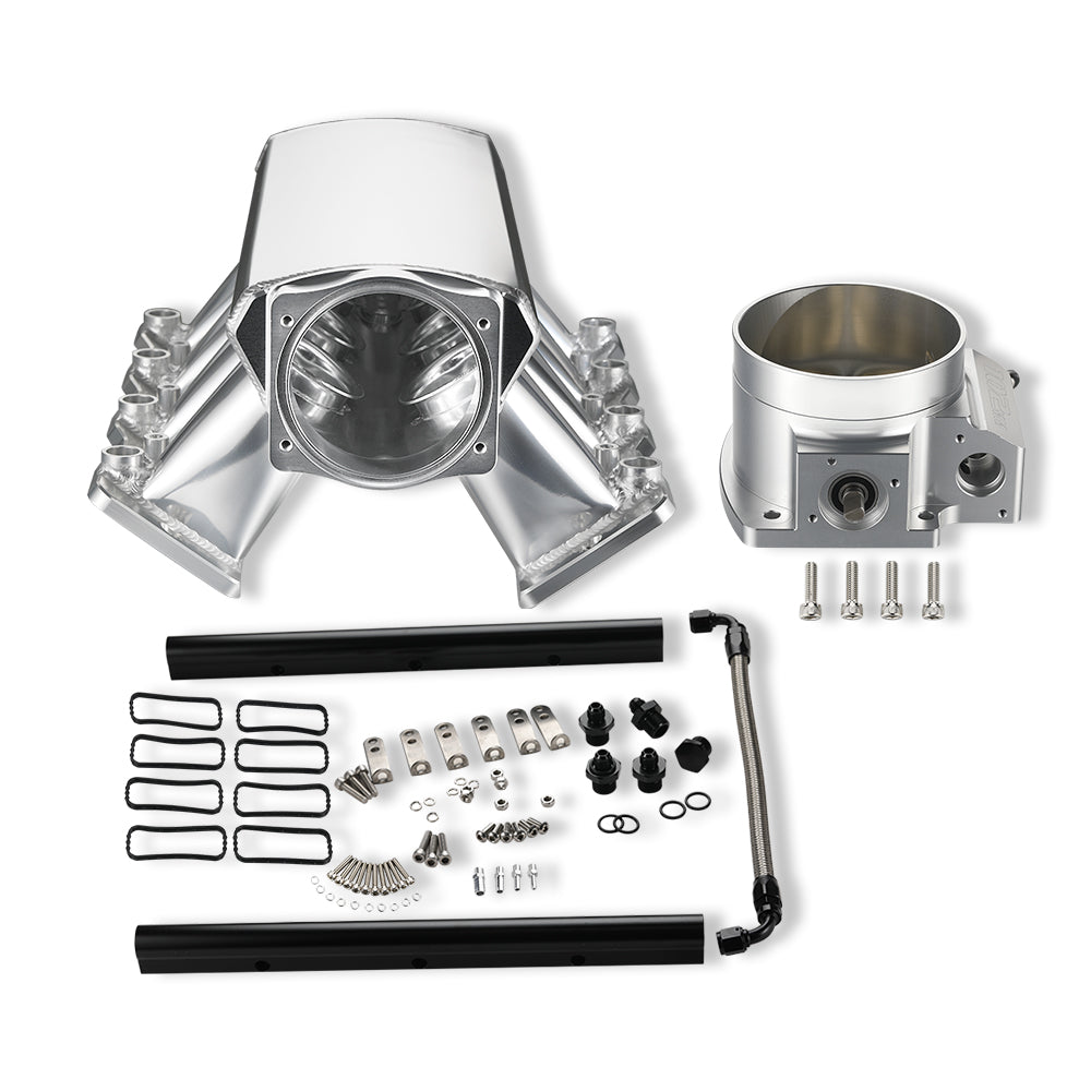 Fabricated Intake Manifold High Profile Throttle Body 102mm for Cathedral Port LS1/LS2/LS6 Heads Silver with MAP Sensor Port Fuel Rails