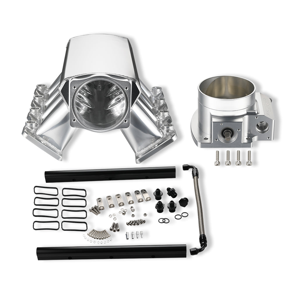 102mm Fabricated Intake Manifold High Profile Throttle Body 92mm for Cathedral Port LS1/LS2/LS6 Heads Silver with MAP Sensor Port Fuel Rails